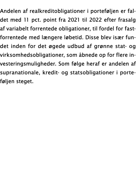  Andelen af realkreditobligationer i porteføljen er faldet med 11 pct  point fra 2021 til 2022 efter frasalg af varia   