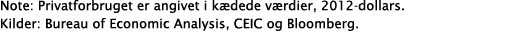 Note: Privatforbruget er angivet i kædede værdier, 2012-dollars  Kilder: Bureau of Economic Analysis, CEIC og Bloombe   