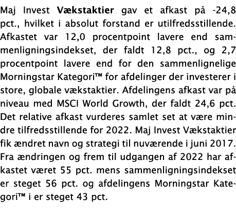 Maj Invest Vækstaktier gav et afkast på -24,8 pct , hvilket i absolut forstand er utilfredsstillende  Afkastet var 12   