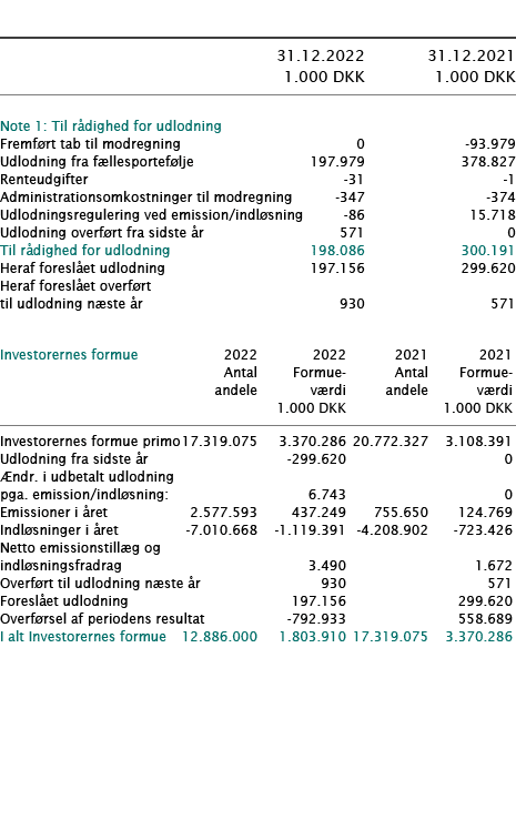            31 12 2022 31 12 2021  1 000 DKK 1 000 DKK        Note 1: Til rådighed for udlodning     Fremført tab til    