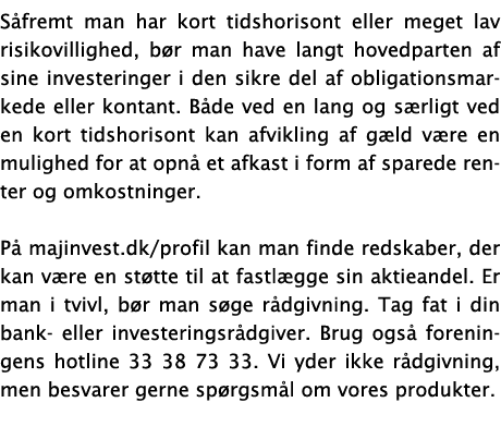 Såfremt man har kort tidshorisont eller meget lav risikovillighed, bør man have langt hovedparten af sine investering   