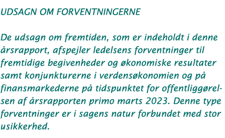 udsagn om forventningerne De udsagn om fremtiden, som er indeholdt i denne årsrapport, afspejler ledelsens forventnin   