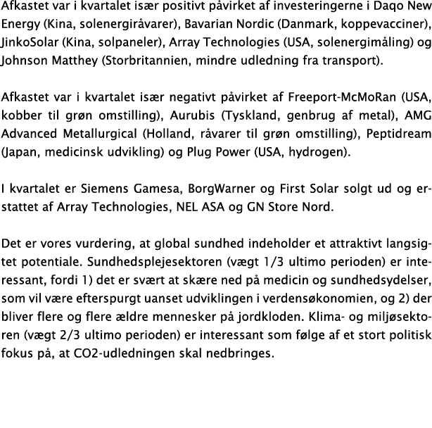 Afkastet var i kvartalet især positivt påvirket af investeringerne i Daqo New Energy (Kina, solenergiråvarer), Bavari   