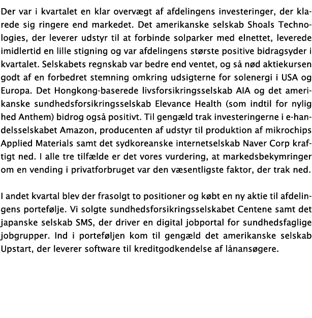 Der var i kvartalet en klar overvægt af afdelingens investeringer, der klarede sig ringere end markedet  Det amerikan   