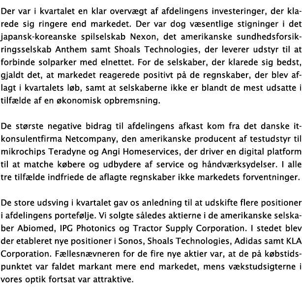 Der var i kvartalet en klar overvægt af afdelingens investeringer, der klarede sig ringere end markedet  Der var dog    