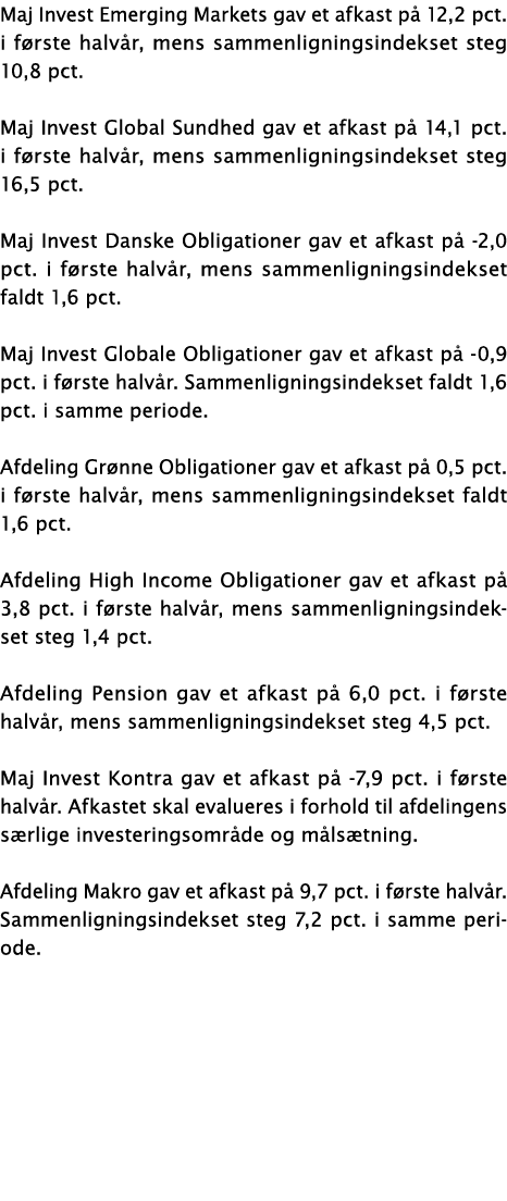 Maj Invest Emerging Markets gav et afkast på 12,2 pct  i første halvår, mens sammenligningsindekset steg 10,8 pct  Ma   