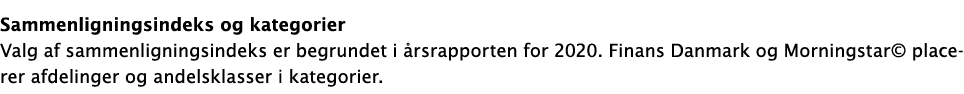  Sammenligningsindeks og kategorier Valg af sammenligningsindeks er begrundet i årsrapporten for 2020  Finans Danmark   