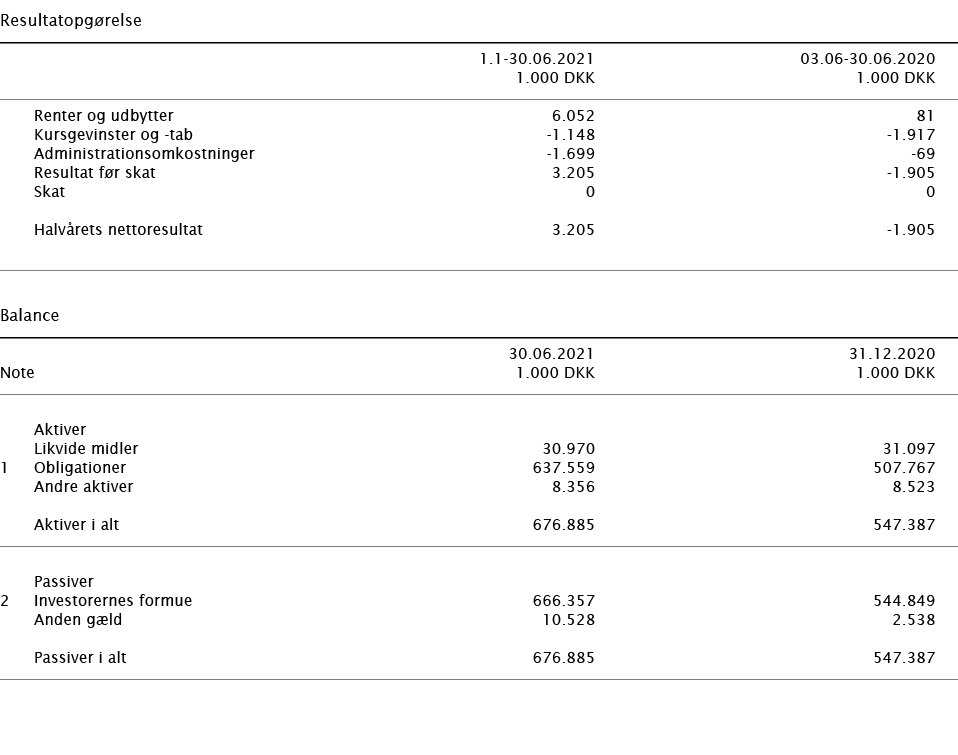   Resultatopgørelse        1 1-30 06 2021 03 06-30 06 2020    1 000 DKK 1 000 DKK        Renter og udbytter 6 052 81    