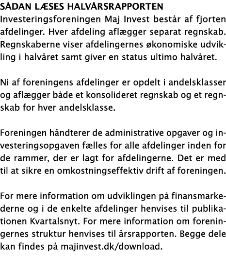 SÅDAN LÆSES halvÅRSRAPPORTEN Investeringsforeningen Maj Invest består af fjorten afdelinger  Hver afdeling aflægger s   