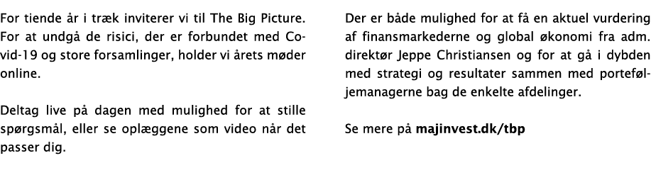 For tiende år i træk inviterer vi til The Big Picture  For at undgå de risici, der er forbundet med Covid-19 og store   