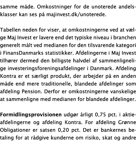 samme måde  Omkostninger for de unoterede andelsklasser kan ses på majinvest dk unoterede  Tabellen neden for viser,    