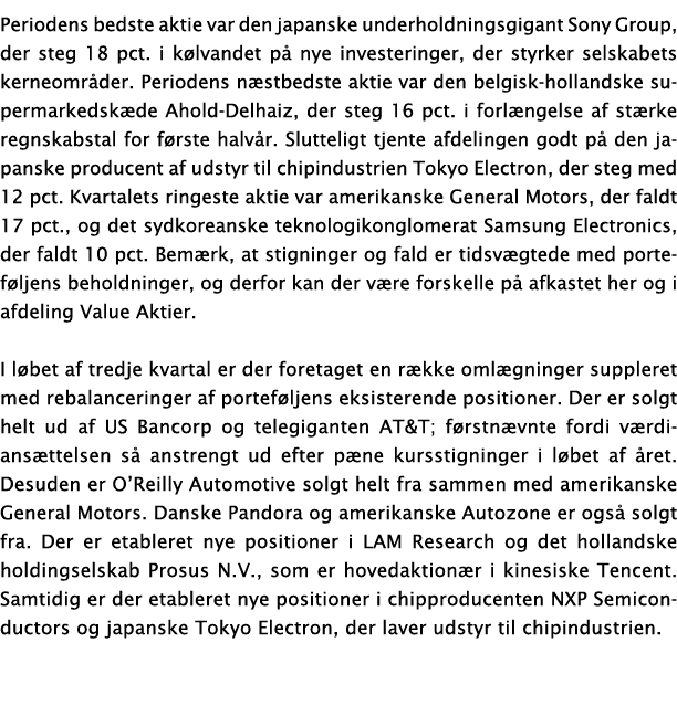 Periodens bedste aktie var den japanske underholdningsgigant Sony Group, der steg 18 pct  i kølvandet på nye invester   