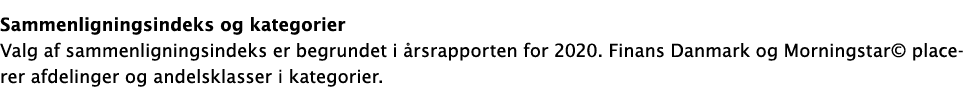  Sammenligningsindeks og kategorier Valg af sammenligningsindeks er begrundet i årsrapporten for 2020  Finans Danmark   