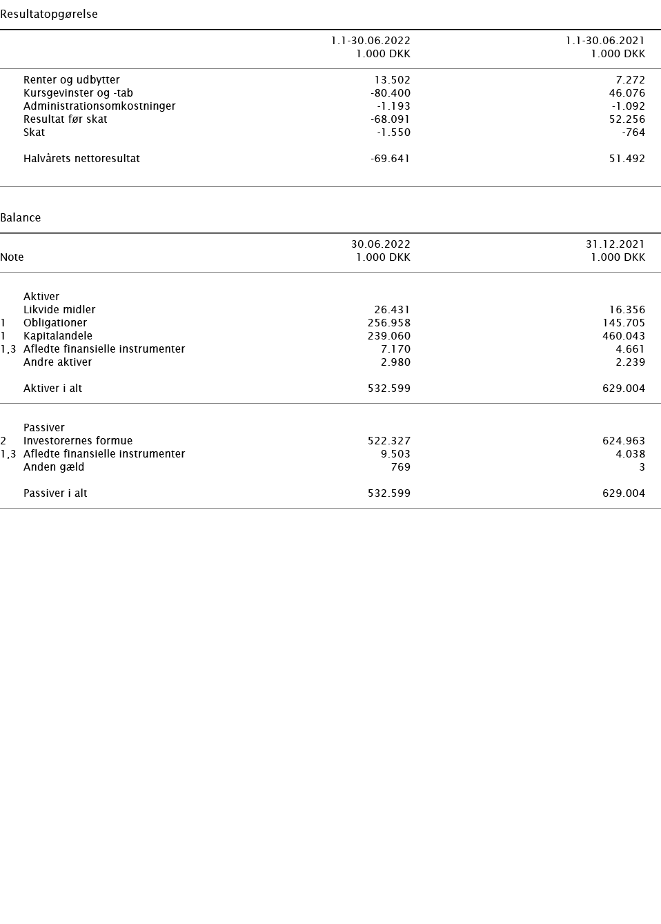   Resultatopgørelse        1 1-30 06 2022 1 1-30 06 2021    1 000 DKK 1 000 DKK        Renter og udbytter 13 502 7 27   