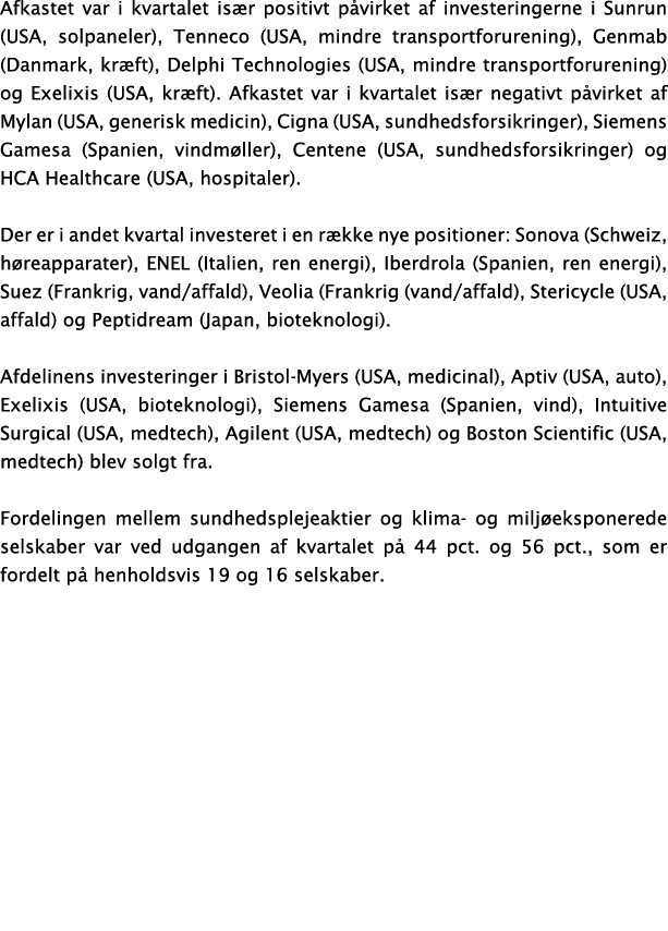 Afkastet var i kvartalet is r positivt p virket af investeringerne i Sunrun (USA, solpaneler), Tenneco (USA, mindre t   