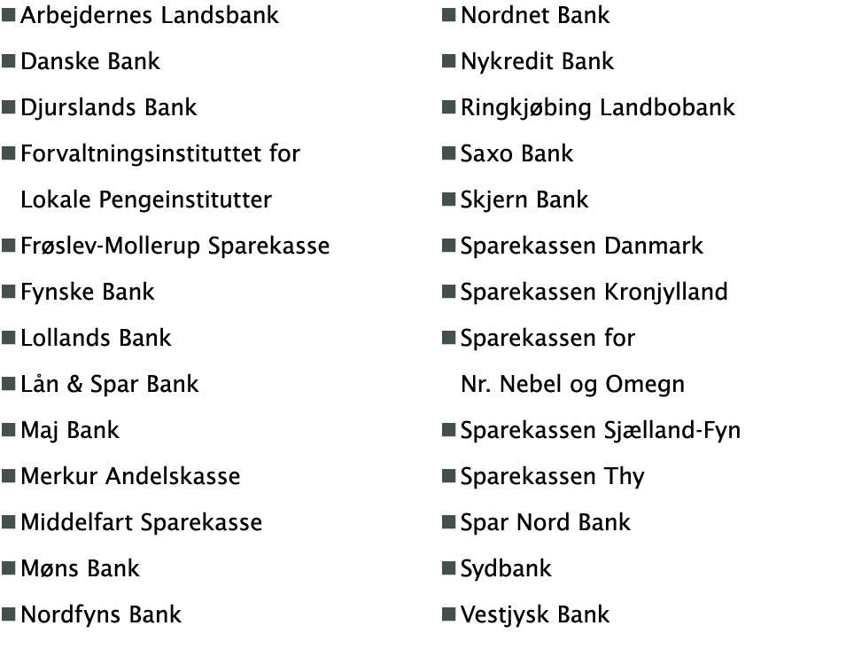 Arbejdernes Landsbank Danske Bank Djurslands Bank Forvaltningsinstituttet for Lokale Pengeinstitutter Frøslev-Molleru   
