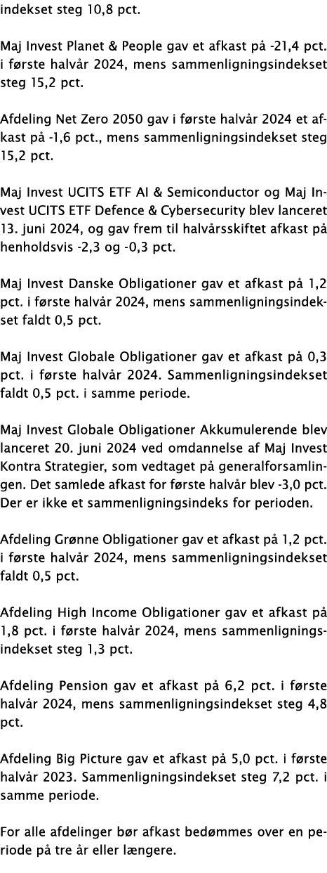 indekset steg 10,8 pct  Maj Invest Planet & People gav et afkast på -21,4 pct  i første halvår 2024, mens sammenligni   