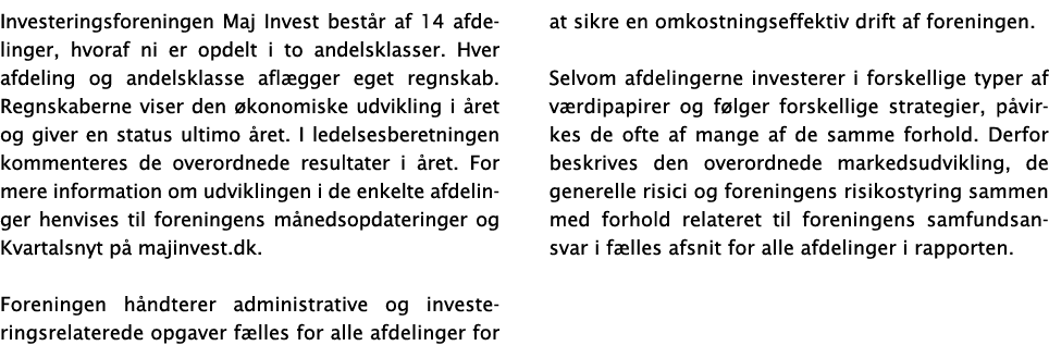 Investeringsforeningen Maj Invest består af 14 afdelinger, hvoraf ni er opdelt i to andelsklasser  Hver afdeling og a   