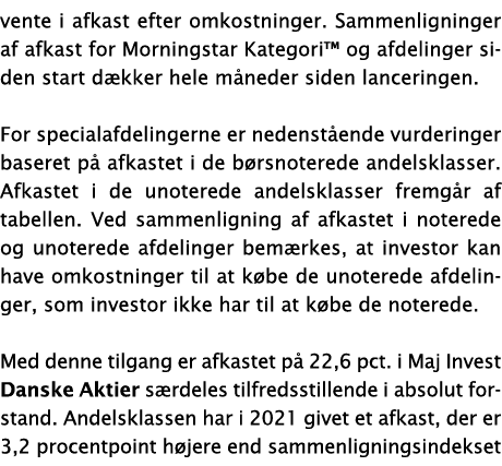 vente i afkast efter omkostninger  Sammenligninger af afkast for Morningstar Kategori  og afdelinger siden start dækk   