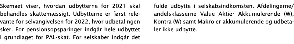 Skemaet viser, hvordan udbytterne for 2021 skal behandles skattemæssigt  Udbytterne er først relevante for selvangive   