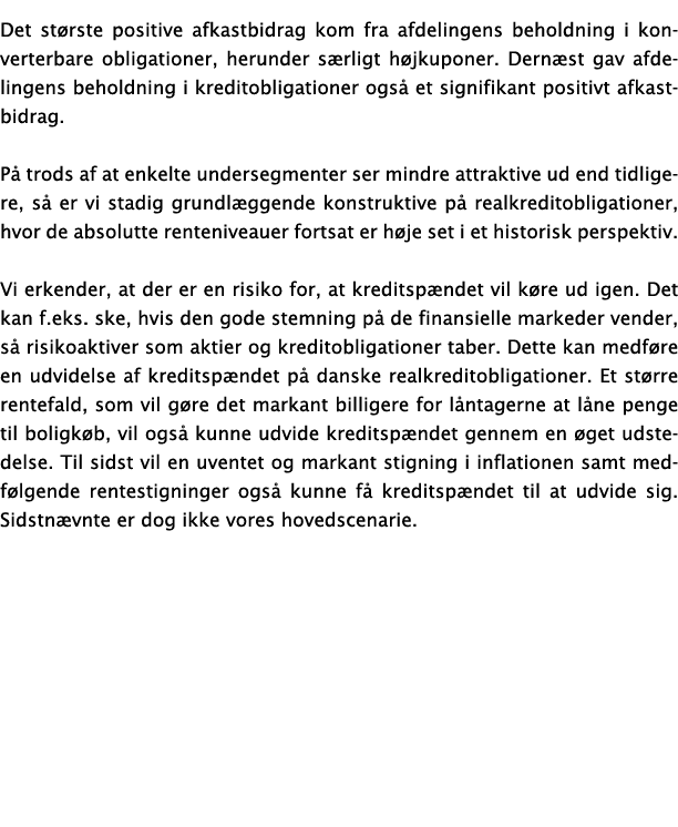 Det st rste positive afkastbidrag kom fra afdelingens beholdning i konverterbare obligationer, herunder s rligt h jku...