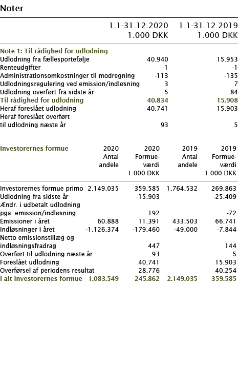 Noter       1 1-31 12 2020 1 1-31 12 2019  1 000 DKK 1 000 DKK     Note 1: Til rådighed for udlodning     Udlodning    