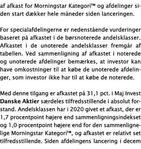 af afkast for Morningstar Kategori  og afdelinger siden start dækker hele måneder siden lanceringen  For specialafdel   