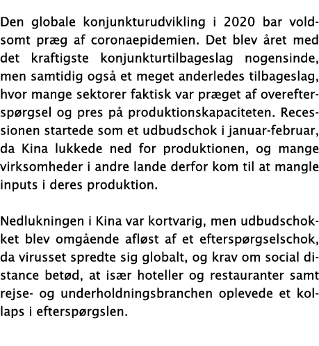 Den globale konjunkturudvikling i 2020 bar voldsomt præg af coronaepidemien  Det blev året med det kraftigste konjunk   