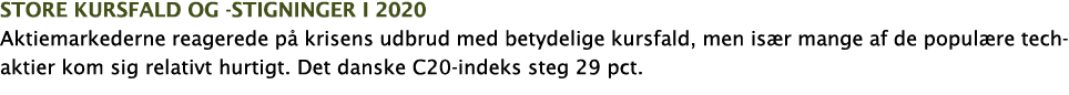 Store kursfald og -stigninger i 2020 Aktiemarkederne reagerede på krisens udbrud med betydelige kursfald, men især ma   