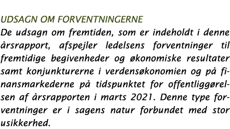 udsagn om forventningerne De udsagn om fremtiden, som er indeholdt i denne årsrapport, afspejler ledelsens forventnin   