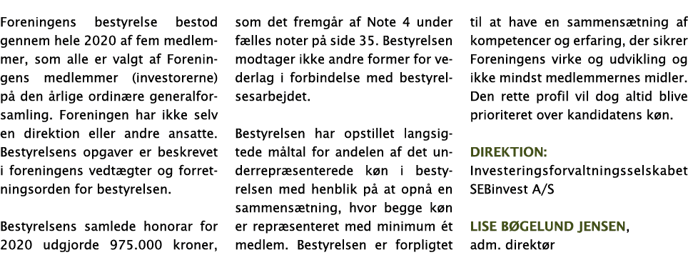 Foreningens bestyrelse bestod gennem hele 2020 af fem medlemmer, som alle er valgt af Foreningens medlemmer (investor   