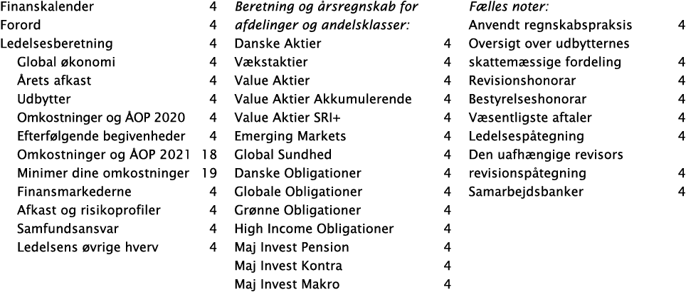 Finanskalender 4 Forord 4 Ledelsesberetning 4 Global økonomi 4 Årets afkast 4 Udbytter 4 Omkostninger og ÅOP 2020 4 E   