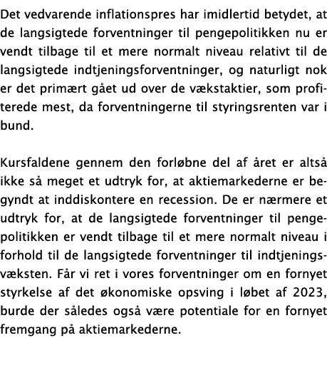 Det vedvarende inflationspres har imidlertid betydet, at de langsigtede forventninger til pengepolitikken nu er vendt   