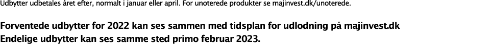 Udbytter udbetales året efter, normalt i januar eller april  For unoterede produkter se majinvest dk unoterede  Forve   