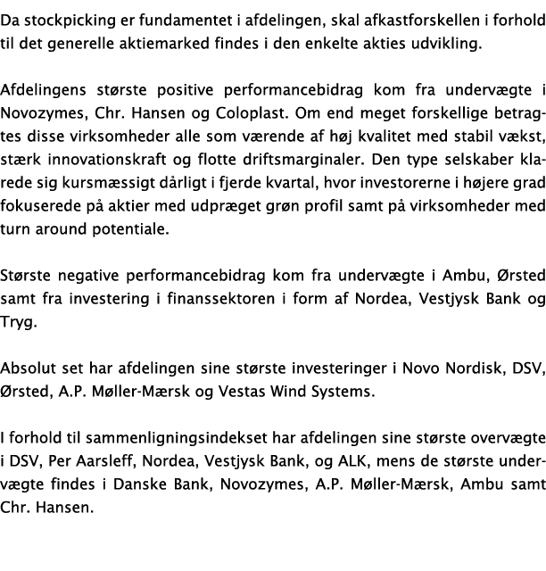 Da stockpicking er fundamentet i afdelingen, skal afkastforskellen i forhold til det generelle aktiemarked findes i d   