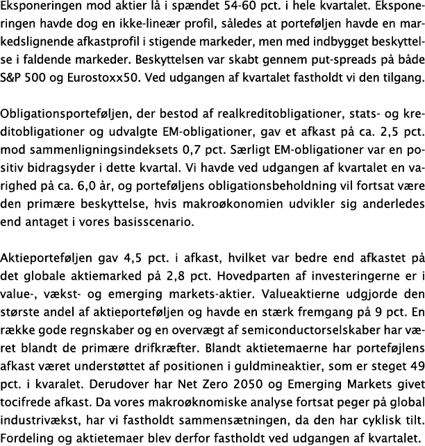 Eksponeringen mod aktier l i sp ndet 54 60 pct. i hele kvartalet. Eksponeringen havde dog en ikke line r profil, s l...