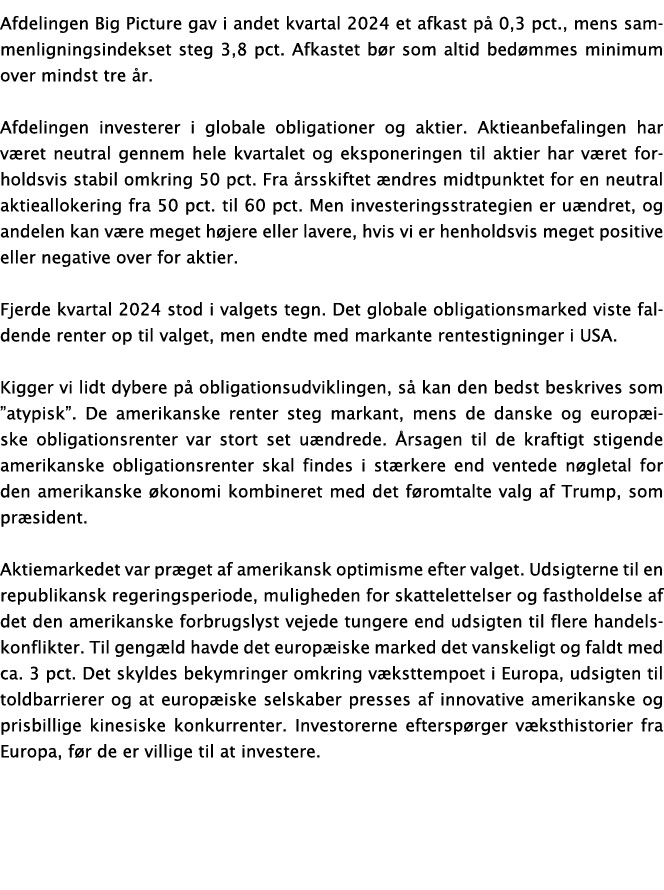 Afdelingen Big Picture gav i andet kvartal 2024 et afkast p 0,3 pct., mens sammenligningsindekset steg 3,8 pct. Afka...
